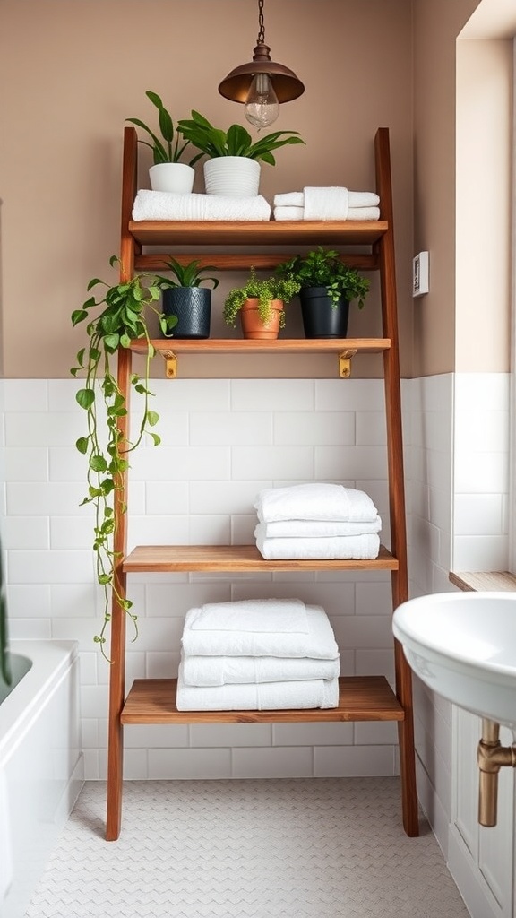 Stylish wooden ladder shelves in a bathroom with towels and plants