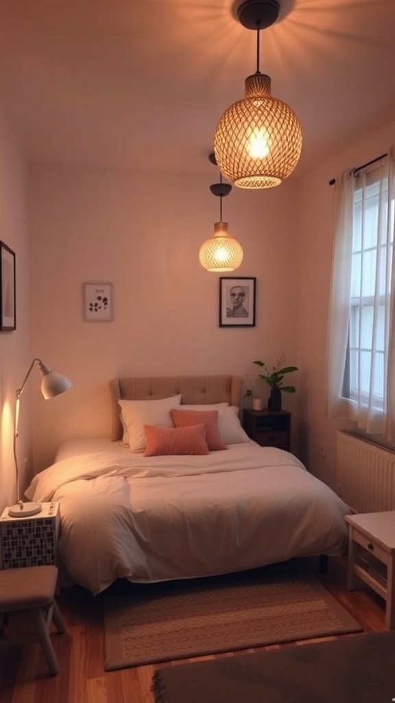 A cozy bedroom with stylish pendant lights and a bedside lamp, creating a warm atmosphere.