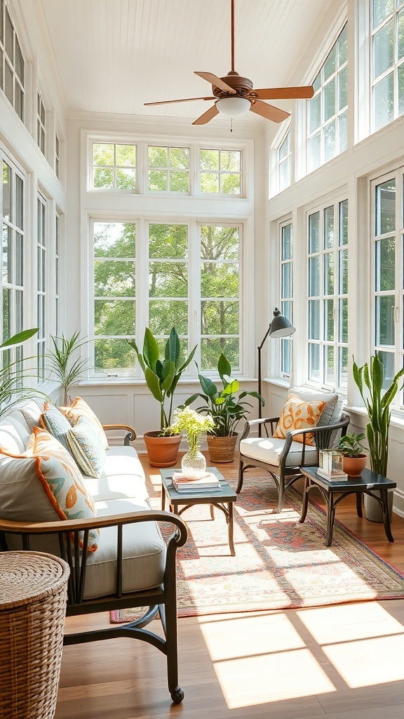 A stylish sunroom with comfy seating, large windows, plants, and a ceiling fan.