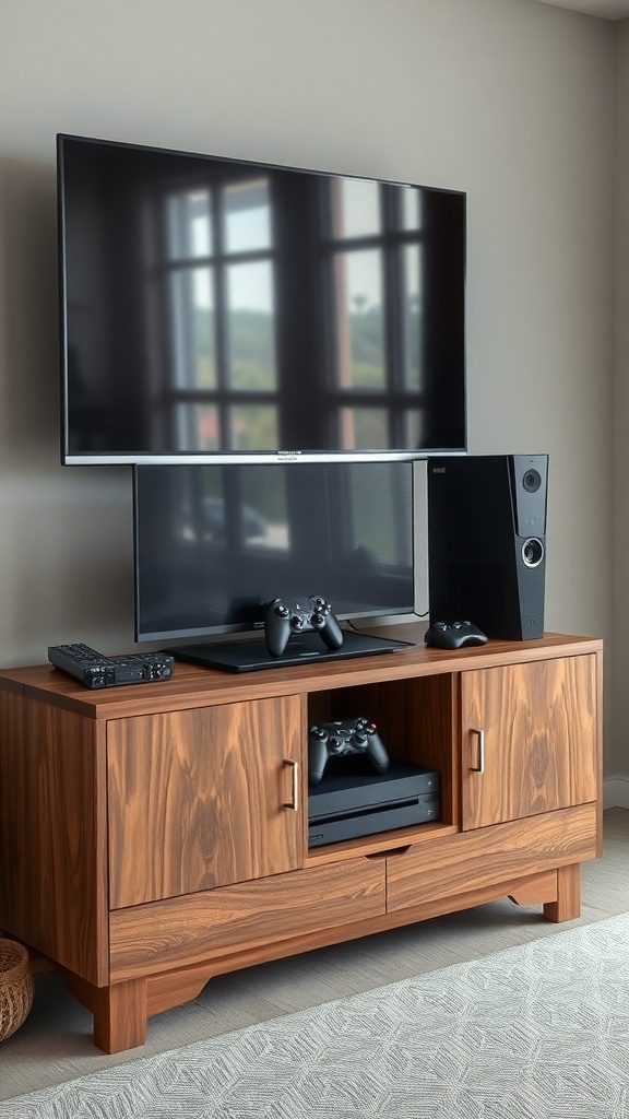 Walnut TV stand with storage, featuring a large TV, gaming consoles, and speakers.