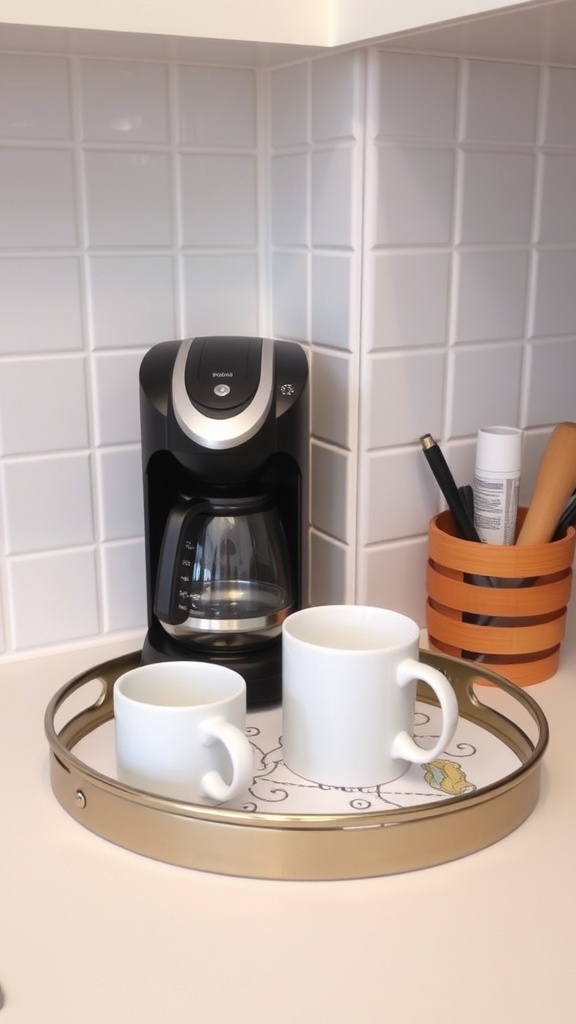 A stylish mini coffee station with a coffee maker, two white mugs on a tray, and a utensil holder.