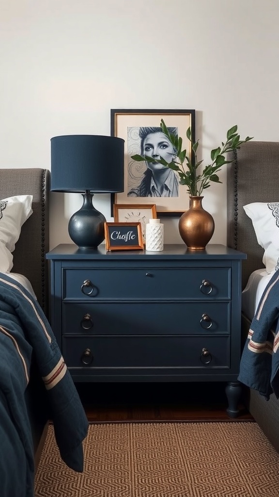A stylish navy blue nightstand with a lamp, decorative vase, and framed artwork.