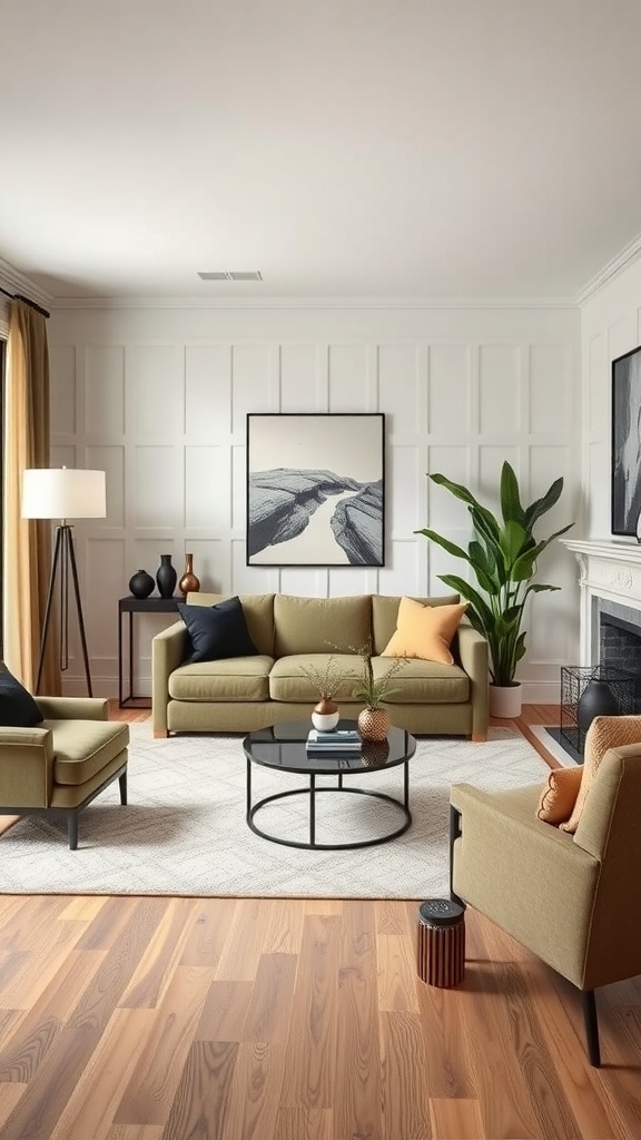 Living room featuring olive green sofa, cream walls, and black accents