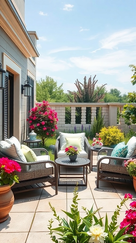 Stylish outdoor furniture arrangement with wicker chairs, colorful flowers, and a sunny sky.
