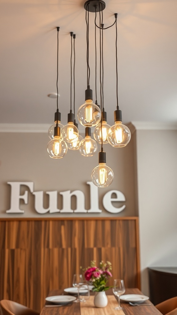 A stylish cluster of pendant lights hanging above a dining table with a wooden surface and floral centerpiece.
