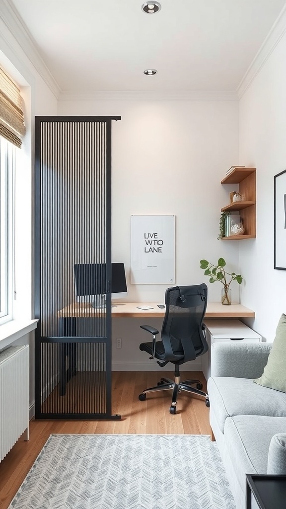A modern home office with a stylish black room divider, a desk with a computer, and a cozy chair.