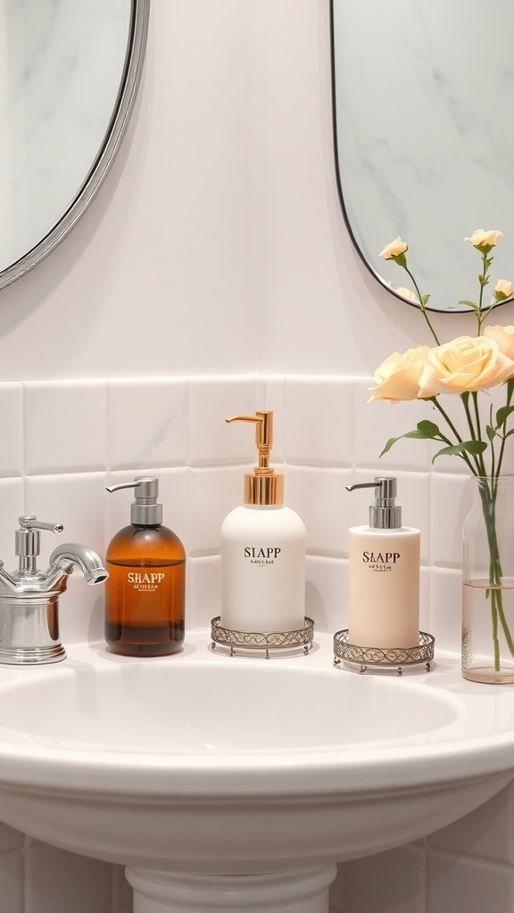 Stylish soap dispensers and jars on a bathroom sink with a modern design.