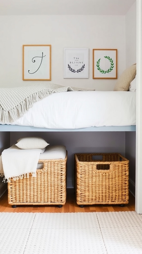 Stylish under-bed storage with woven baskets and decorative wall art