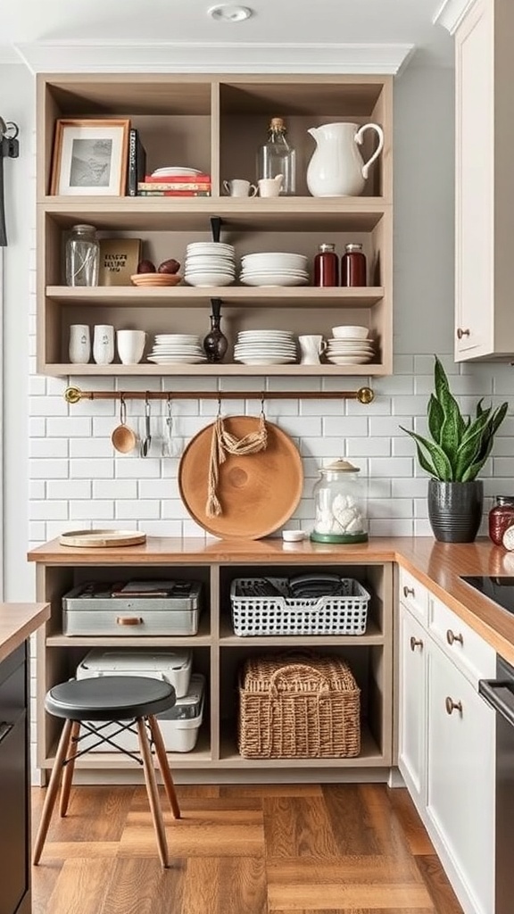 Stylish kitchen storage with open shelving and organized baskets