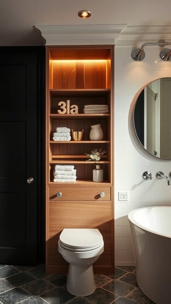 Stylish wooden storage unit in a luxury bathroom with towels and decorative items.