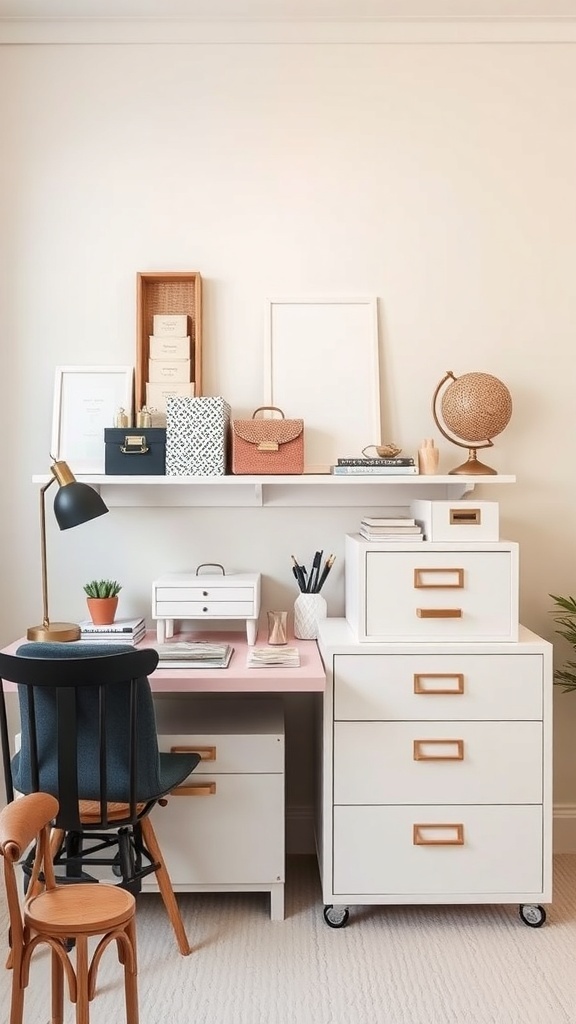 Stylish home office with organized storage solutions, featuring white furniture, gold accents, and decorative items.