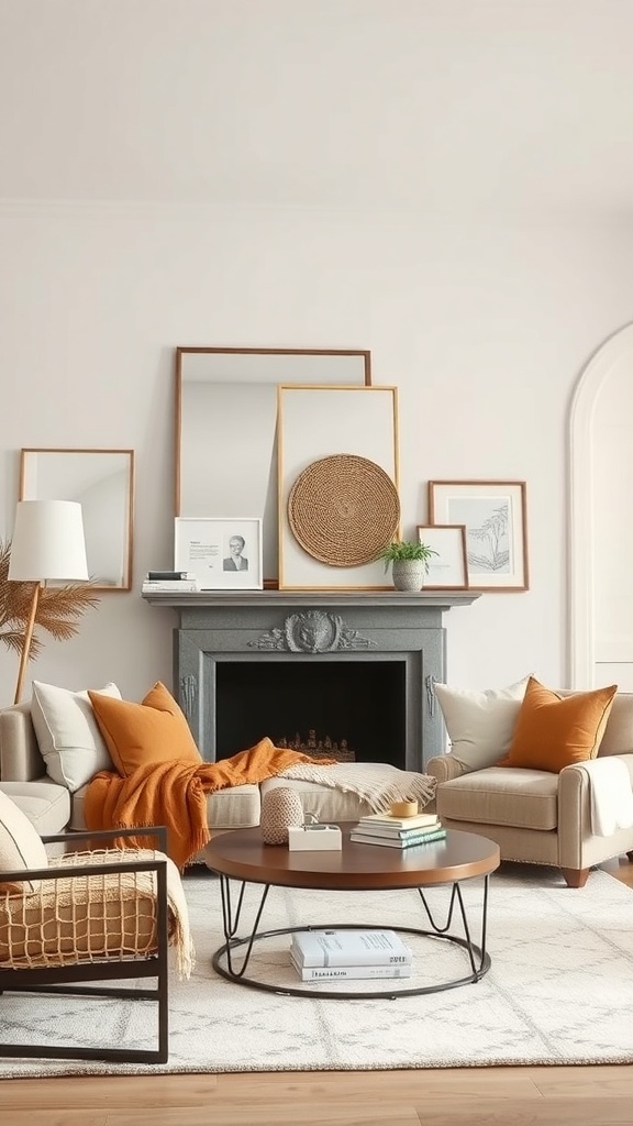 A stylish living room featuring a mix of mirrors and warm textures, showcasing a cozy and elegant atmosphere.