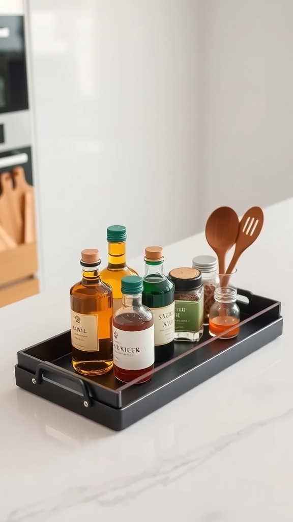A stylish black tray with various oils, spices, and utensils arranged neatly on a kitchen counter.
