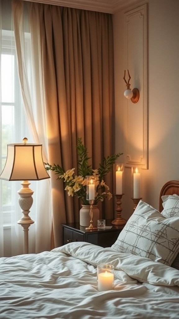 A cozy bedroom with soft ambient lighting from a lamp and candles, featuring warm curtains and a stylish bed.