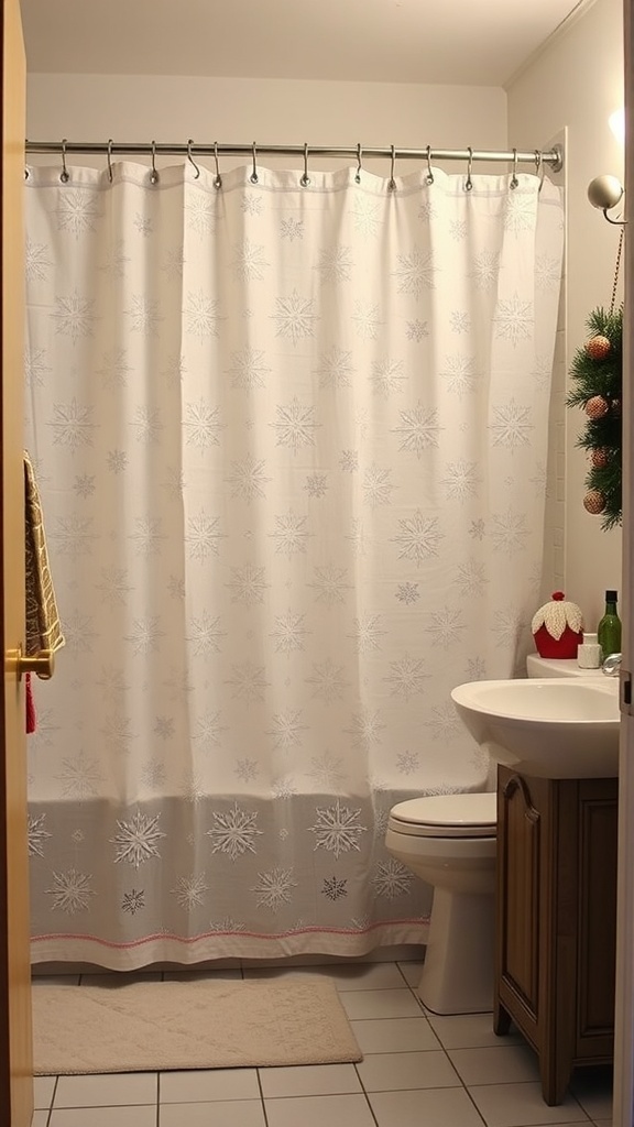 A bathroom featuring a white shower curtain with snowflake designs, adding a festive touch to the space.