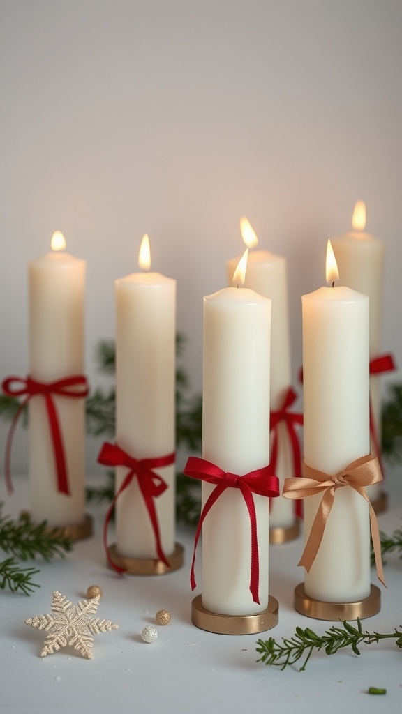 White candles tied with red and gold ribbons, surrounded by greenery and decorative ornaments.
