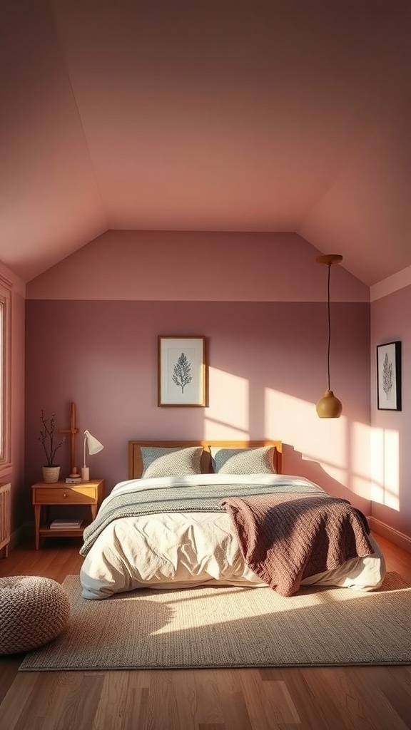 A cozy bedroom with mauve walls and ceiling, featuring a bed with neutral bedding and natural light illuminating the space.
