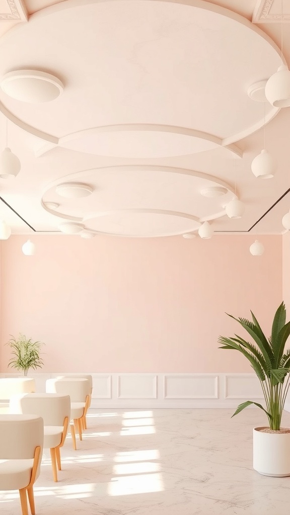 A softly painted ceiling in blush pink with rounded architectural details, complemented by light furniture and a potted plant.