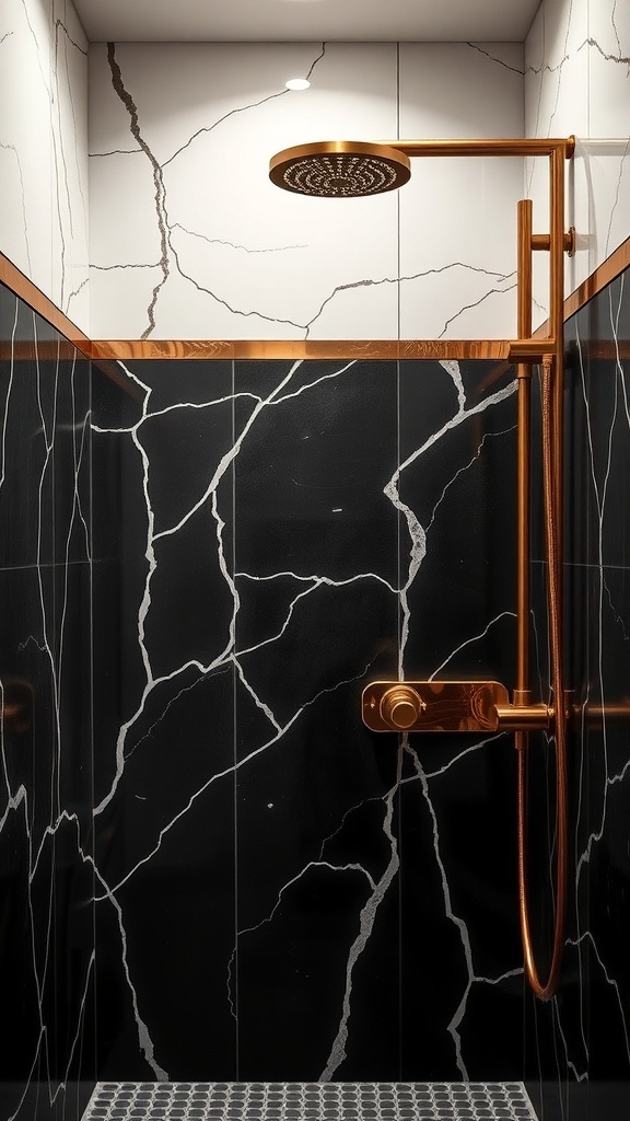 A modern shower with black tiles and gold fixtures, showcasing a luxurious design.