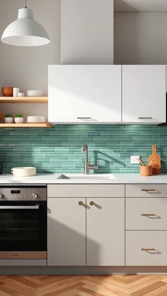 A modern kitchen featuring a mint green tile backsplash, white cabinetry, and light wood accents.