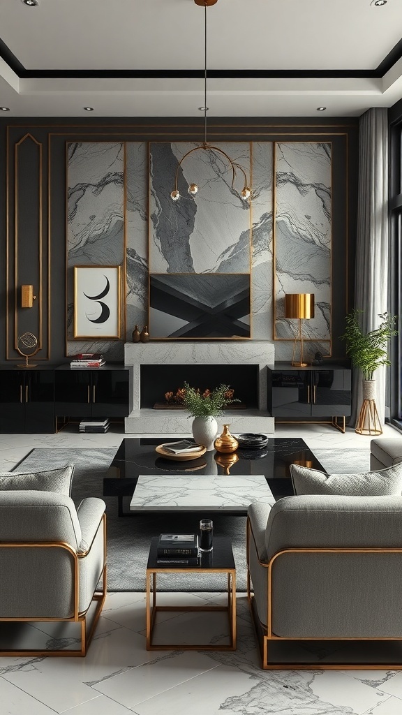 A modern masculine living room featuring marble accents, gold fixtures, and bold artwork.