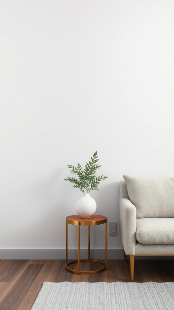 A cozy living space featuring a gold side table with a white vase and greenery next to a soft couch, embodying minimalist Christmas decor.