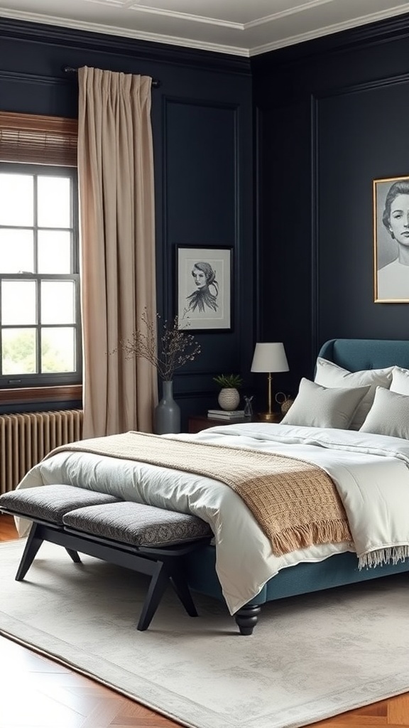 A modern navy blue bedroom featuring a navy wall, white bedding, and beige curtains, showcasing a refined and cozy design.