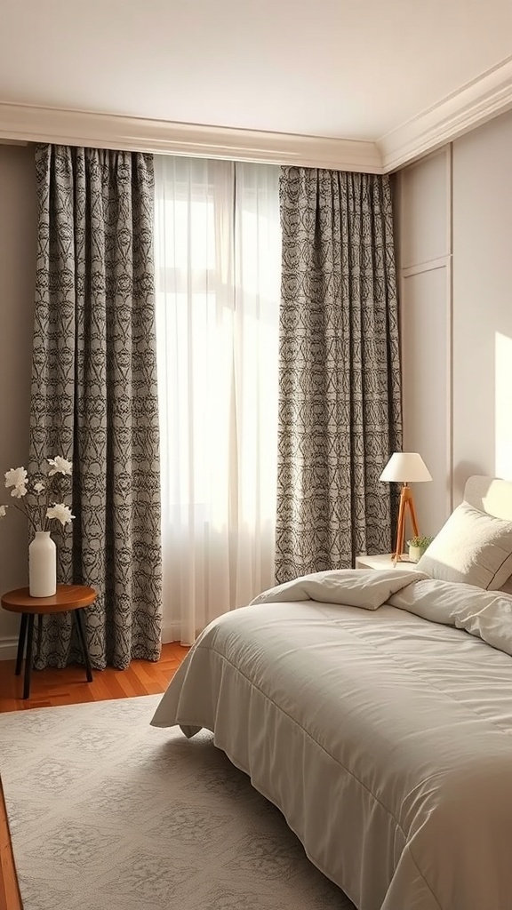A serene minimalist bedroom featuring soft geometric patterned curtains, a neutral color palette, and simple decor.