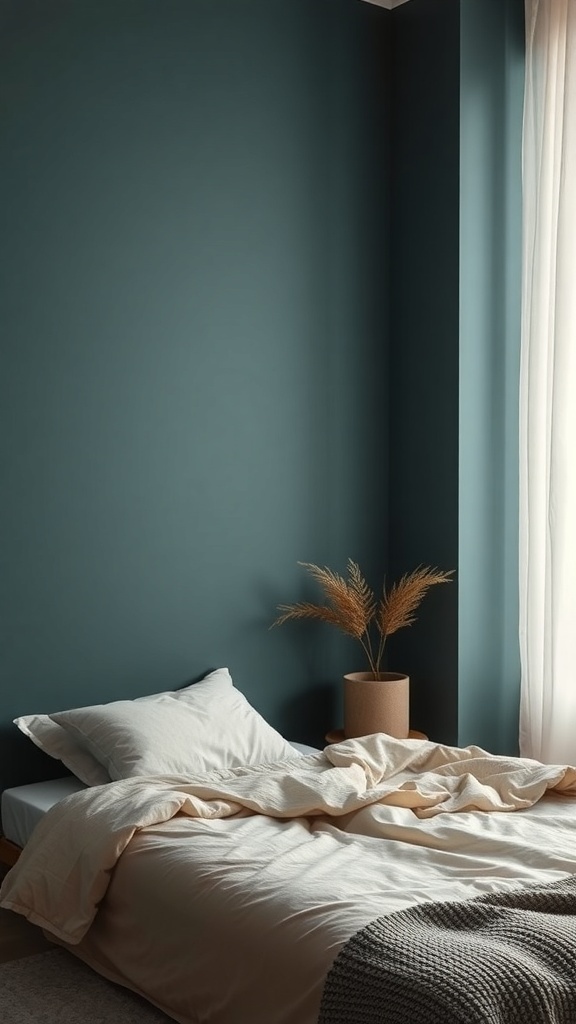 A bedroom featuring a dark teal accent wall, soft neutral bedding, and a plant.