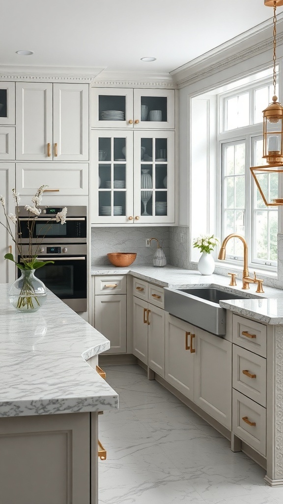 A kitchen featuring Azul Platino granite countertops with light cabinetry and brass hardware.