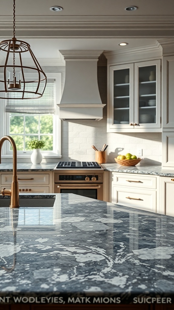 A kitchen featuring Blue Eyes Granite countertops with white cabinetry and brass fixtures.