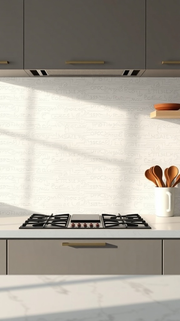 A kitchen with soft matte blue cabinetry, warm wood accents, and a textured backsplash.