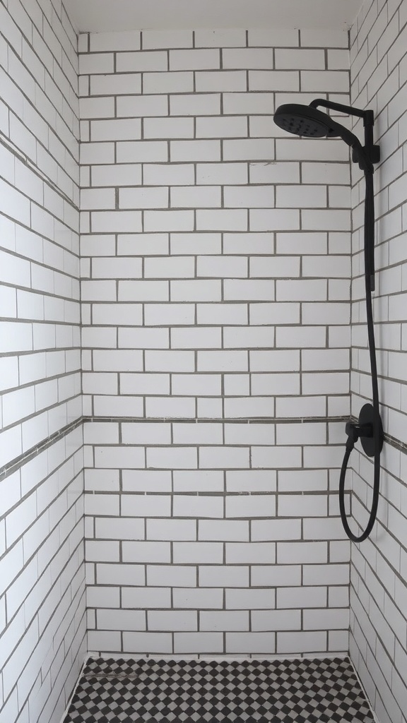 A modern shower with white subway tiles and a black showerhead, featuring a checkered floor pattern.