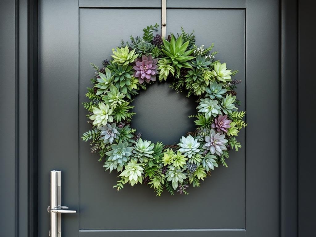 A vibrant succulent wreath on a dark front door, showcasing various shades of green and purple.