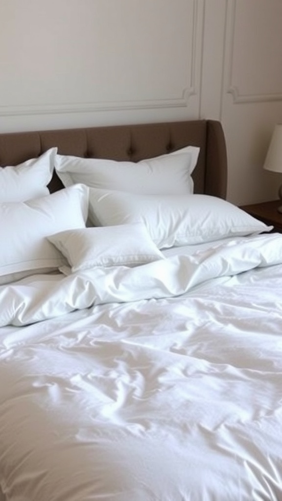 A luxurious bed with white linens and a stylish headboard.