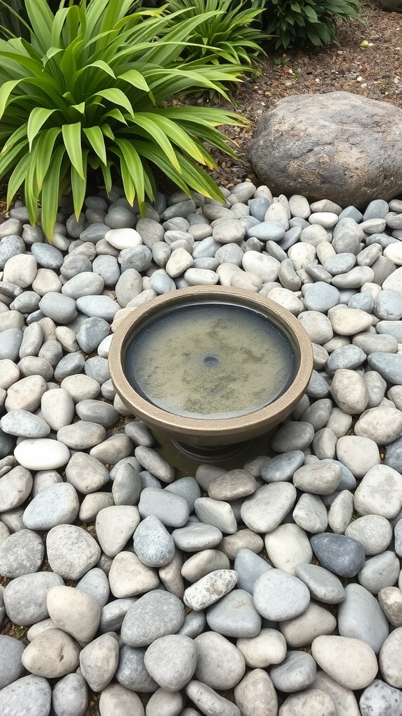 Sunken bird bath surrounded by smooth pebbles and greenery