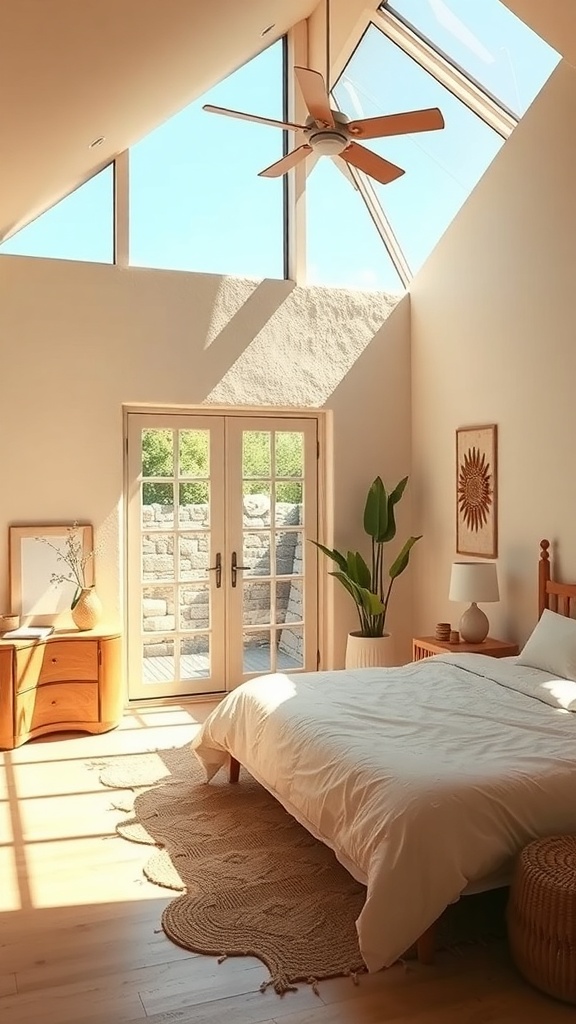 A bright Southwestern bedroom with large windows, a skylight, and natural decor elements.