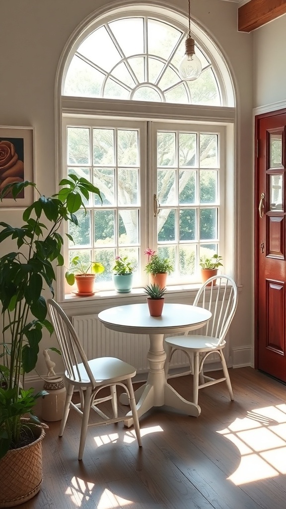 A bright breakfast corner with a round table and two chairs, surrounded by potted plants by a large window.