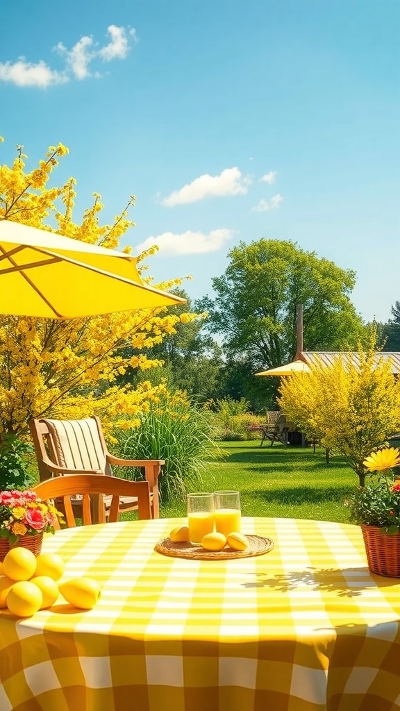 A sunny outdoor scene featuring a yellow checkered tablecloth, lemons, and vibrant yellow flowers under a clear blue sky.