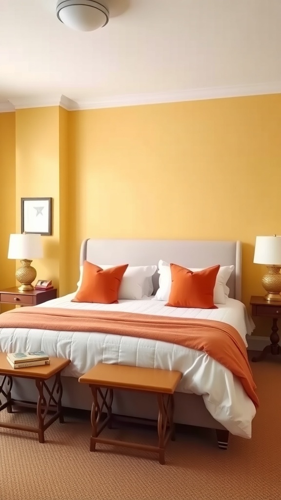 A cozy bedroom with sunny yellow walls and terracotta accessories, featuring a bed with terracotta pillows and a warm throw.