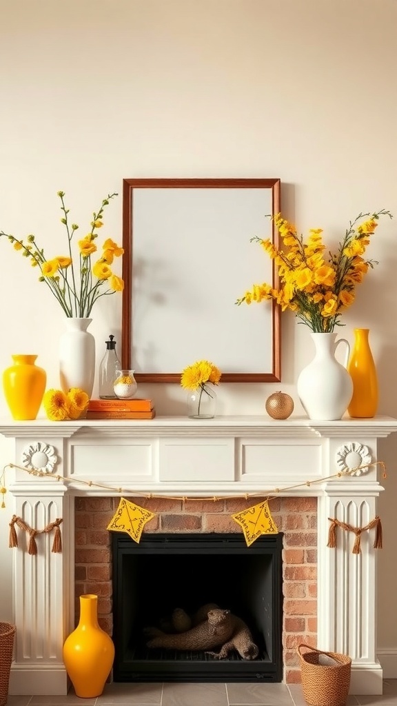 A bright and cheerful spring mantel decorated with yellow flowers, vases, and bunting.