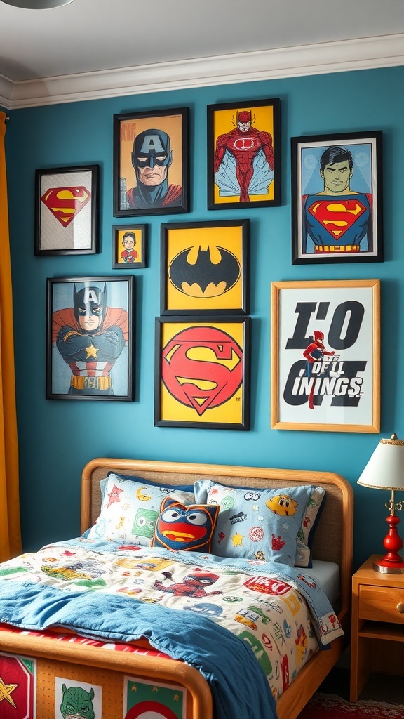 A boy's room featuring superhero wall art with colorful frames and a themed bedspread.