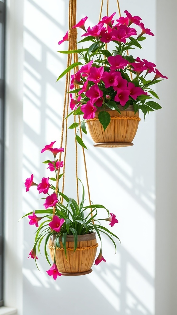 Two bamboo hanging planters with pink flowers, suspended in a bright room.