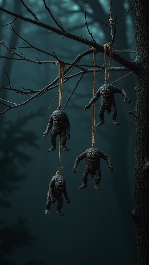 Hanging swamp monster ornaments from tree branches in a misty forest