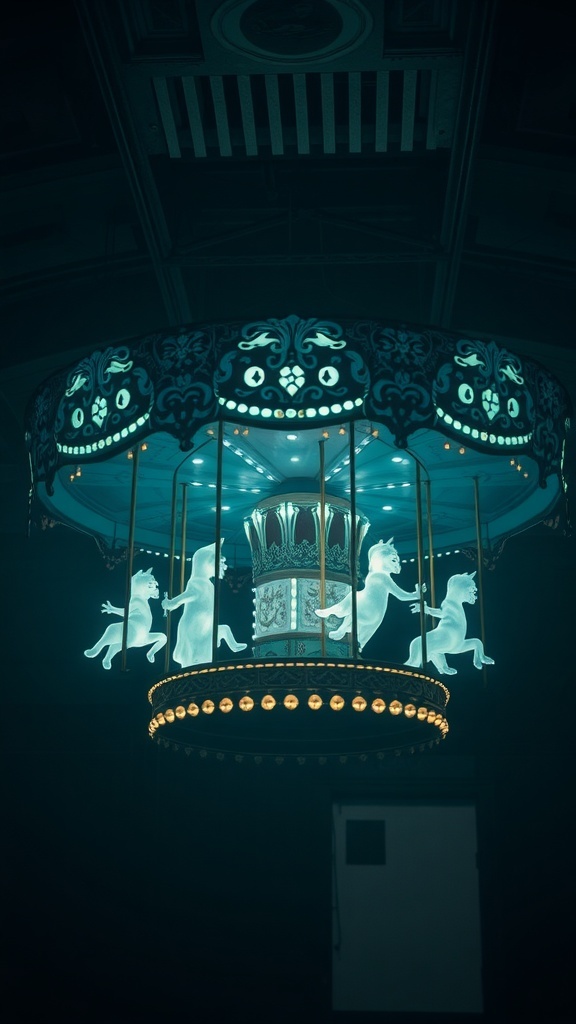 A ghost carousel light hanging from the ceiling, featuring glowing ghost figures and a whimsical design.