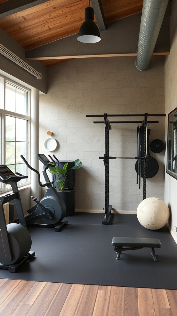 A modern home gym featuring eco-friendly equipment, including a stationary bike, weights, and a bench, with a wooden ceiling and a plant.