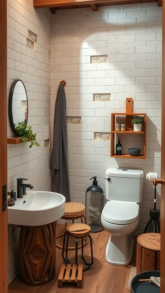 A modern eco-friendly bathroom featuring warm wood accents, natural textures, and plants.