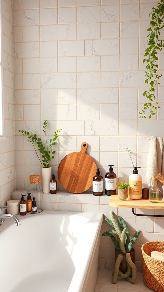 A serene bathroom featuring natural elements, including plants and wooden accessories, emphasizing eco-friendly living.