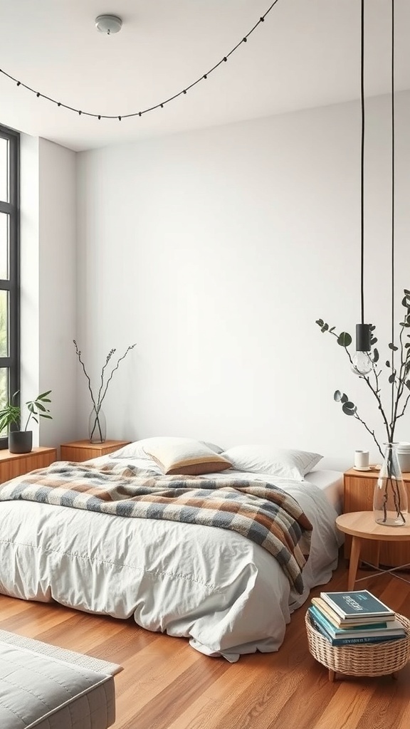 A modern bedroom featuring sustainable furniture, with natural wood elements, soft textiles, and plants.