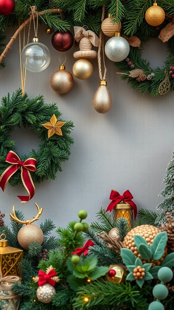 A beautifully decorated Christmas display featuring wreaths, ornaments, and natural elements, embodying sustainable luxury.